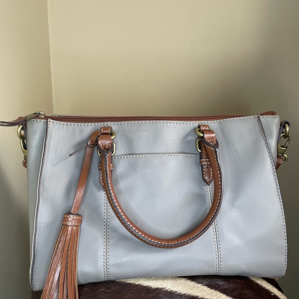 Stylish Gray and Tan Shoulder Bag with Leather Tassel